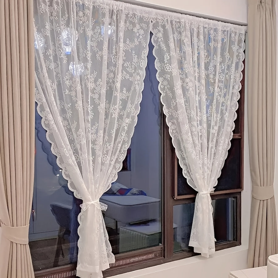 1pc White Lace Door Curtain with Wave Edge, Semi-Sheer Polyester Rod Pocket Curtain for Home And Outdoor Use, Vintage Style with Floral Pattern, Semi-Sheer Curtains | Vintage Curtain Design | Embroidered Detailing