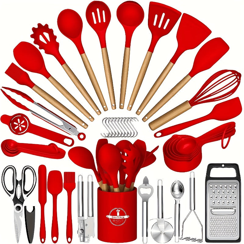 37/44pcs Complete Silicone Kitchen Cooking Utensil Set, Ultra Cost-Effective All-In-One Kitchen Gadgets, High Heat Resistant Non-Stick Cookware Tools, Dishwasher Safe, Ideal for Cooking Beginners And Kitchen Enthusiasts, Perfect Holiday Gift