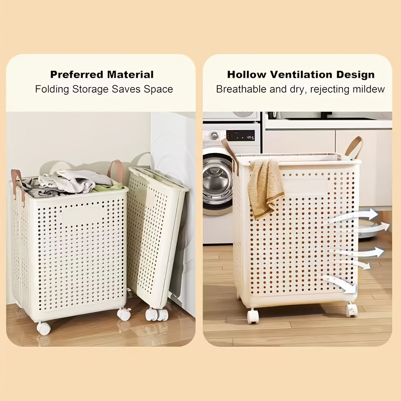 Large Foldable Wheeled Laundry Basket, Plastic Material, Solid Color, Wheeled Laundry Hamper for Small Apartment, Versatile Folding Portable Laundry Basket for Bathroom And Balcony Storage, Laundry Bag, Laundry Room Additions, Laundry Baskets