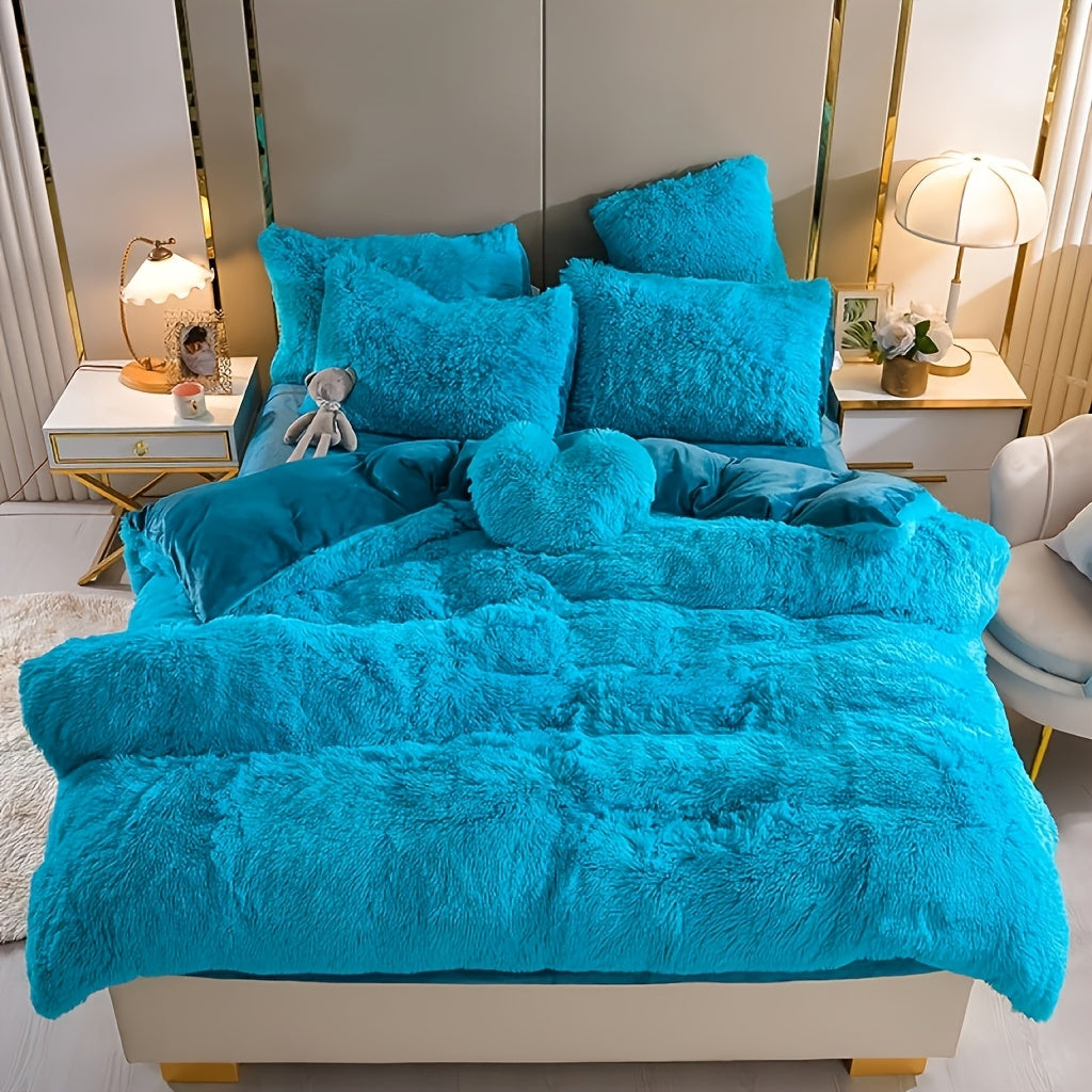 3/4pcs Plush Faux Fur Comforter Cover Set for Kids & Teens - Includes Pillowcases + Plush Heart Pillow - Twin/ Queen/ King Sizes - Super Soft, Warm, Machine Washable (Duvet Cover Only, No Comforter)
