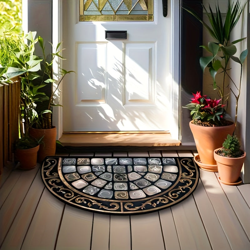 Semicircular Welcome Doormat, Floral Geometric Non-Slip Polyester Door Mat for Front Door, Entryway, Bathroom & Kitchen, Lightweight Durable Indoor Home Decor, 19.7 x 31.5 or 23.6 x 35.4 Inches