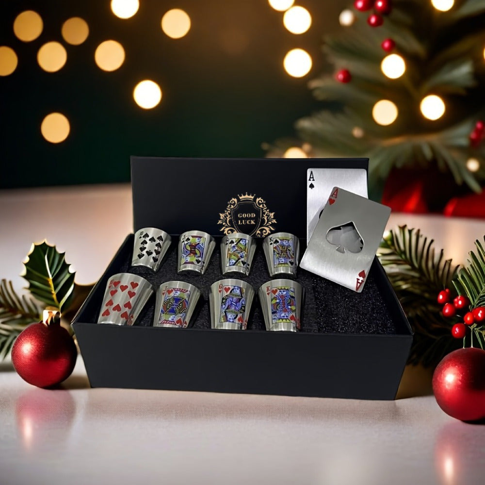 1 Box of Stainless Steel Cup Set, 8 Stainless Steel Cups And 2 Bottle Openers, Yes, Good Luck in The Year, Suitable for Family, Outdoor, Party, The Perfect Gift for Family And Friends