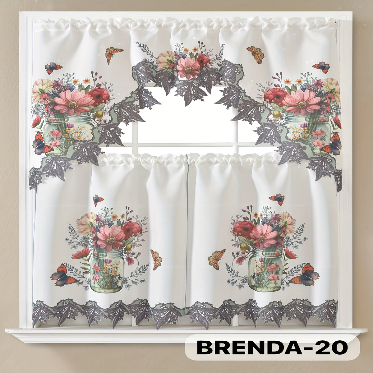 3pcs Bamboo Embroidered Kitchen Curtain Set, Floral Embroidery, Lightweight and Soft, Easy Care, Machine Washable, Satin Fabric, Embroidered