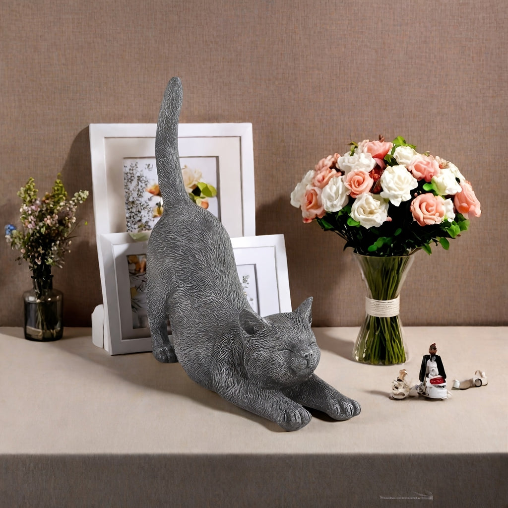 Yoga Cat Statue in Grey Resin, Hand-Painted Stretching Cat Figurine for Home, Office and Garden Decor, Decorative Sculpture Gift for Cat Lovers
