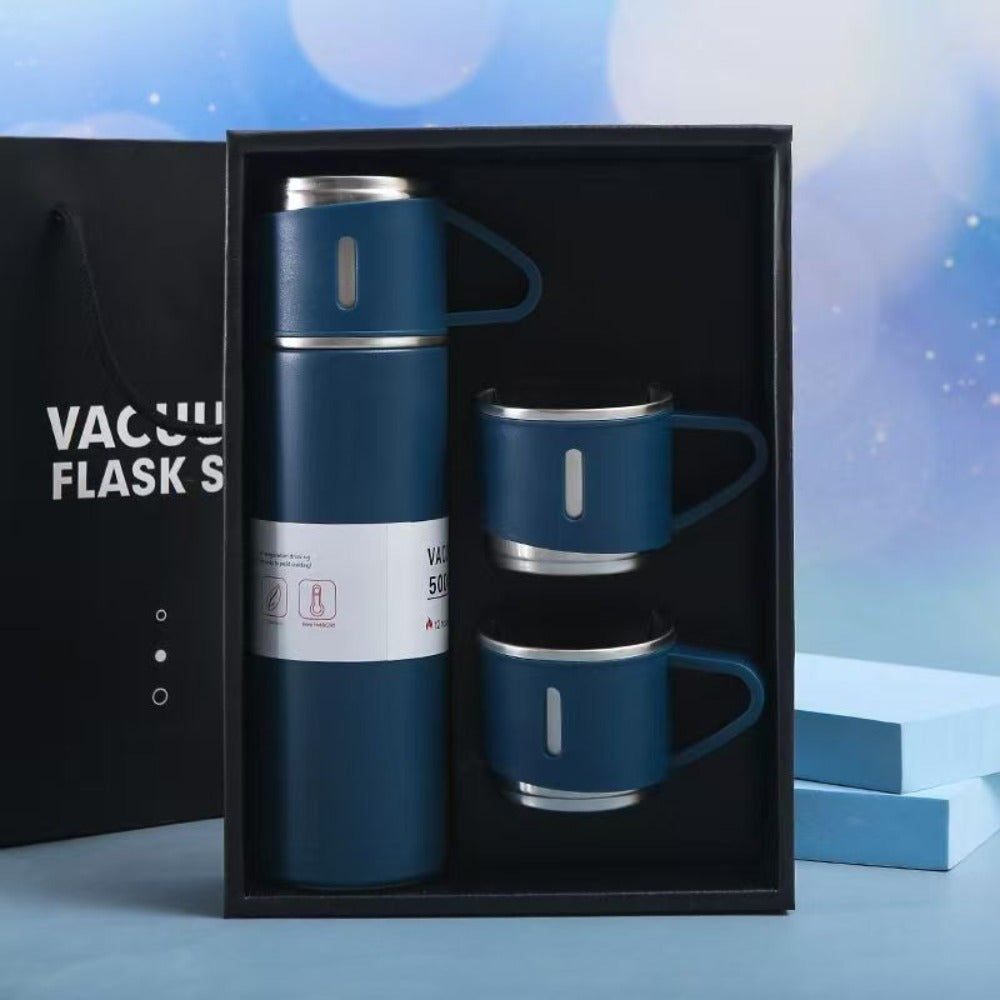 Stainless Steel Insulated Bottle Set, 500 ml Flask with Three Small Cups in Six Colors for Hot and Cold Drinks, Office, School and Travel Gifting