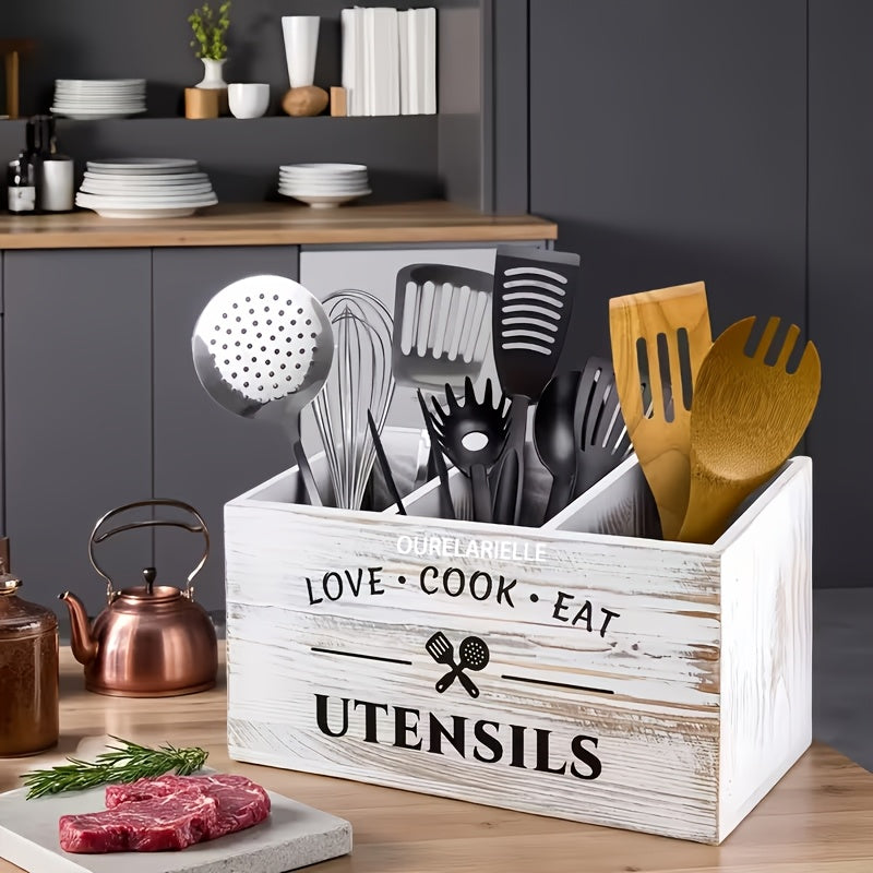 Wooden Cutlery Storage Box with Grid Dividers, Chopstick and Utensil Organizer in Washed White or Black for Kitchen, Bedroom and Desk