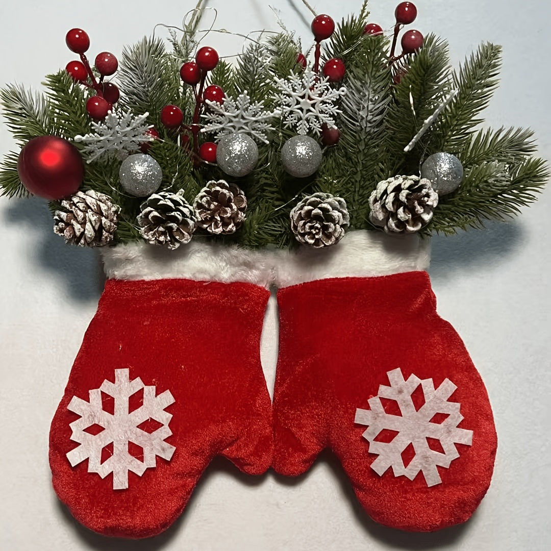 Flashing Christmas Glove Wreath With 20 LED, Christmas Wreath For Front Door With Artificial Pine Branches, Red Berries, And Frosted Pine Cones, Suitable For Indoor/Outdoor Decoration, Used For Christmas Tree, Wall Decoration