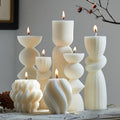 Ribbed Pillar Candle Set, 7 Handmade Soy Wax Decorative Candles in White or Blue for Shelf Styling, Wedding Table Centerpieces and Housewarming Gifts
