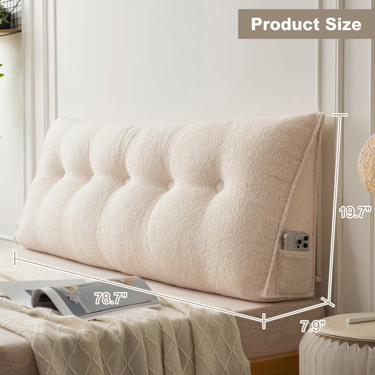 Headboard Reading Pillow, Triangular Teddy Velvet Backrest Cushion with Side Pocket and Removable Washable Cover for Twin, Queen and King Beds