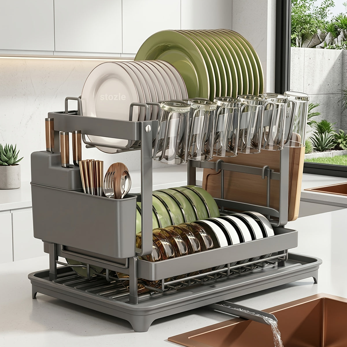 Two-Level Dish Drying Rack for Kitchen Surfaces, Dish Drainer with A Drainboard, Metal Kitchen Dish Holder with Drainage, Two-Tier Kitchen Drying Rack, Black Dish Holders, Standing Shelf Units, Standing Shelf