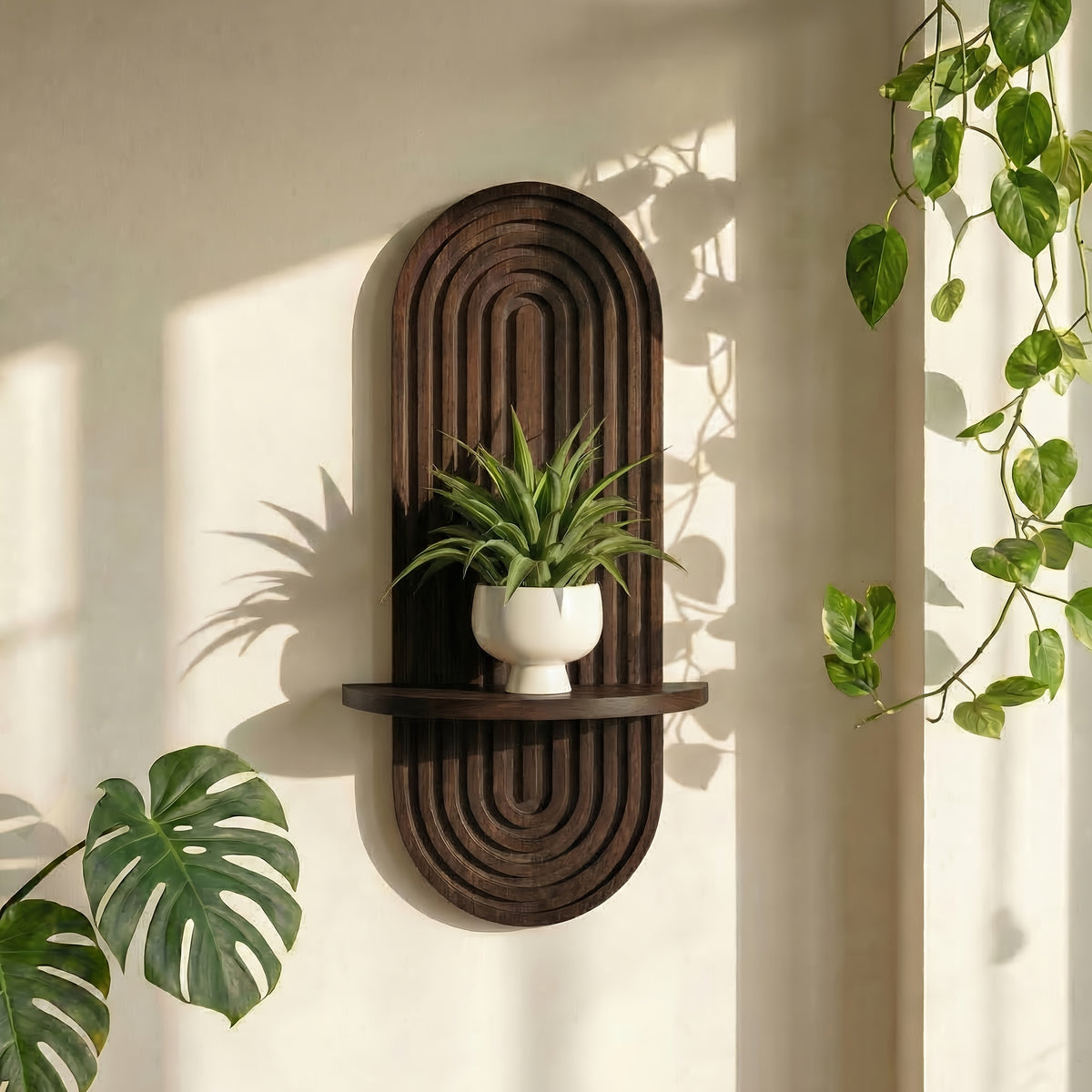 Plant Shelf Mid-Century Modern 1-2 Tier 15In Brown Wood Floating Shelves Wall Planter Holder & Boho Decor Hanging