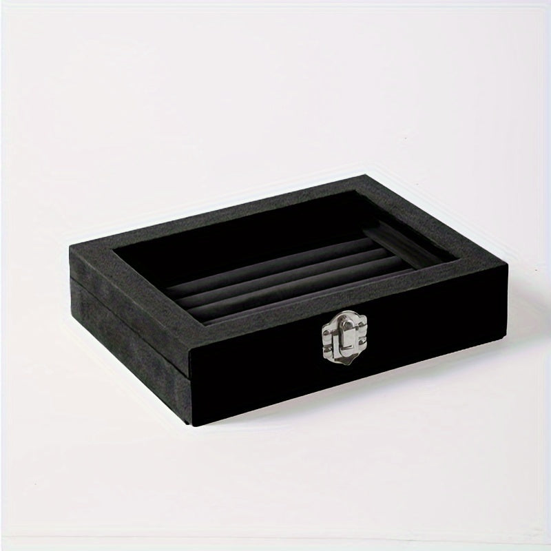 49-Ring Capacity Glass-Like Plastic Jewelry Box with Locking Lid - Large Rectangular Ring & Earring Storage Case for,, Dresser Organizer - Waterproof & Anti-Tarnish, 4 Colors (Black, White, Brown, Beige) - Holiday Gift, Jewelry Boxes