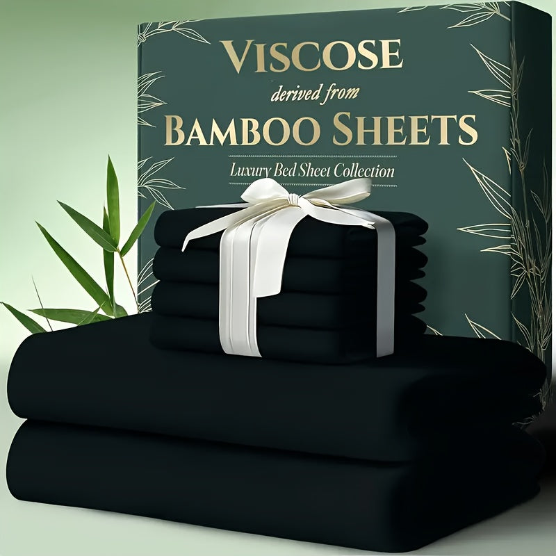 Extra Deep Pocket Bamboo Sheets - 4/6pcs Breathable & Cooling Bamboo Bed Sheet Set, Hotel Luxury Fitted Sheet Set, Soft Wrinkle-Free for Extra Deep Mattresses, Room Decor, Twin/Full/Queen/King Size Sheet & Pillowcase Sets