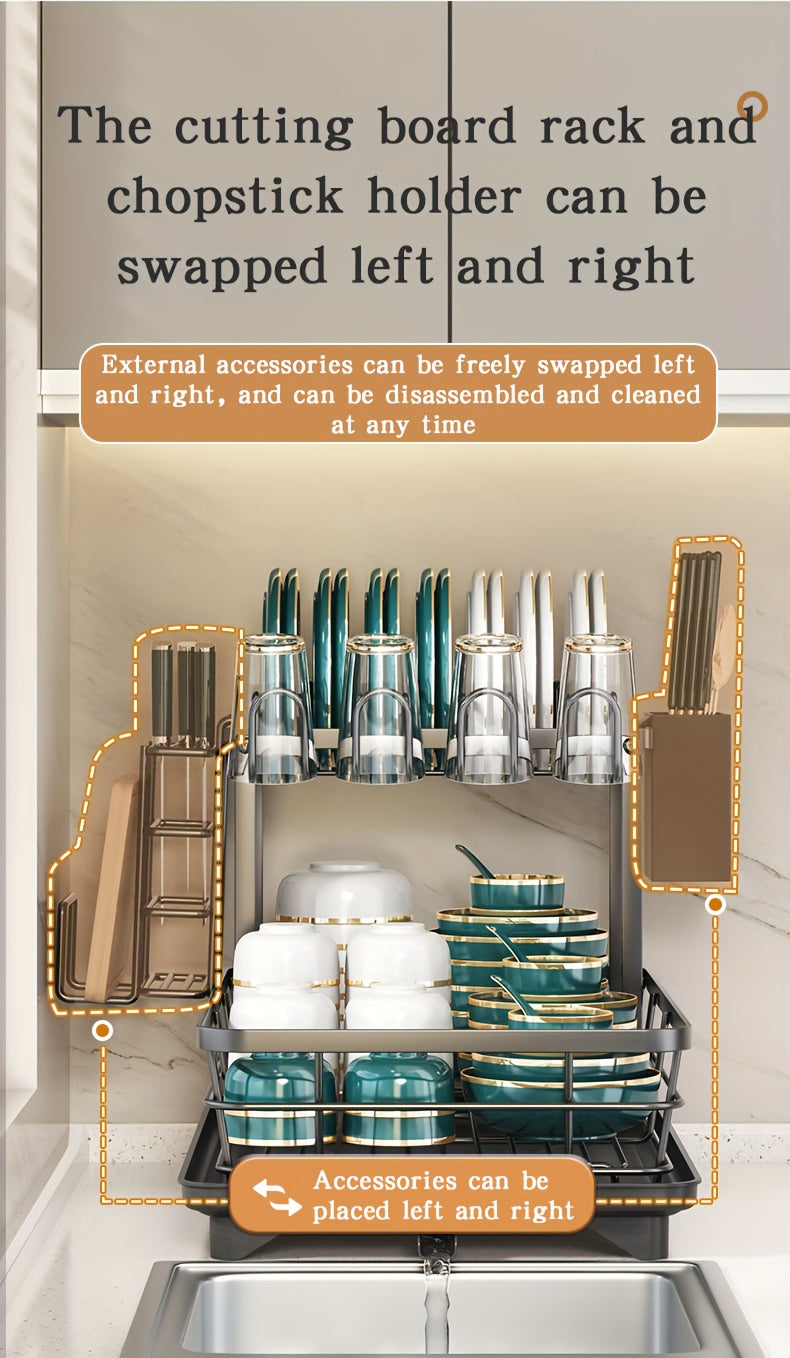 2-Tier Metal Dish Drying Rack, Suitable for Types of Countertops. Space-saving and Durable, Comes with Cutlery Holder, Cup Holder, and Rust-proof Drip Tray. Helps Your Kitchen Neat and Organized.