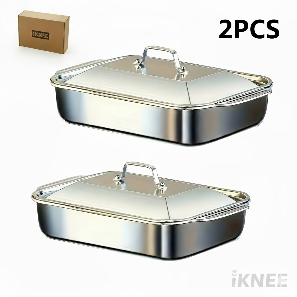 2pcs Stainless Steel Rectangular Baking Pans with Steel Lids - 6-liter Large Capacity, 16.14-inch Deep Baking Pan, Fish Pan, Grill Pan, Lasagna Pan, Chicken, Dishwasher Safe, Men's Gift, Father's Day