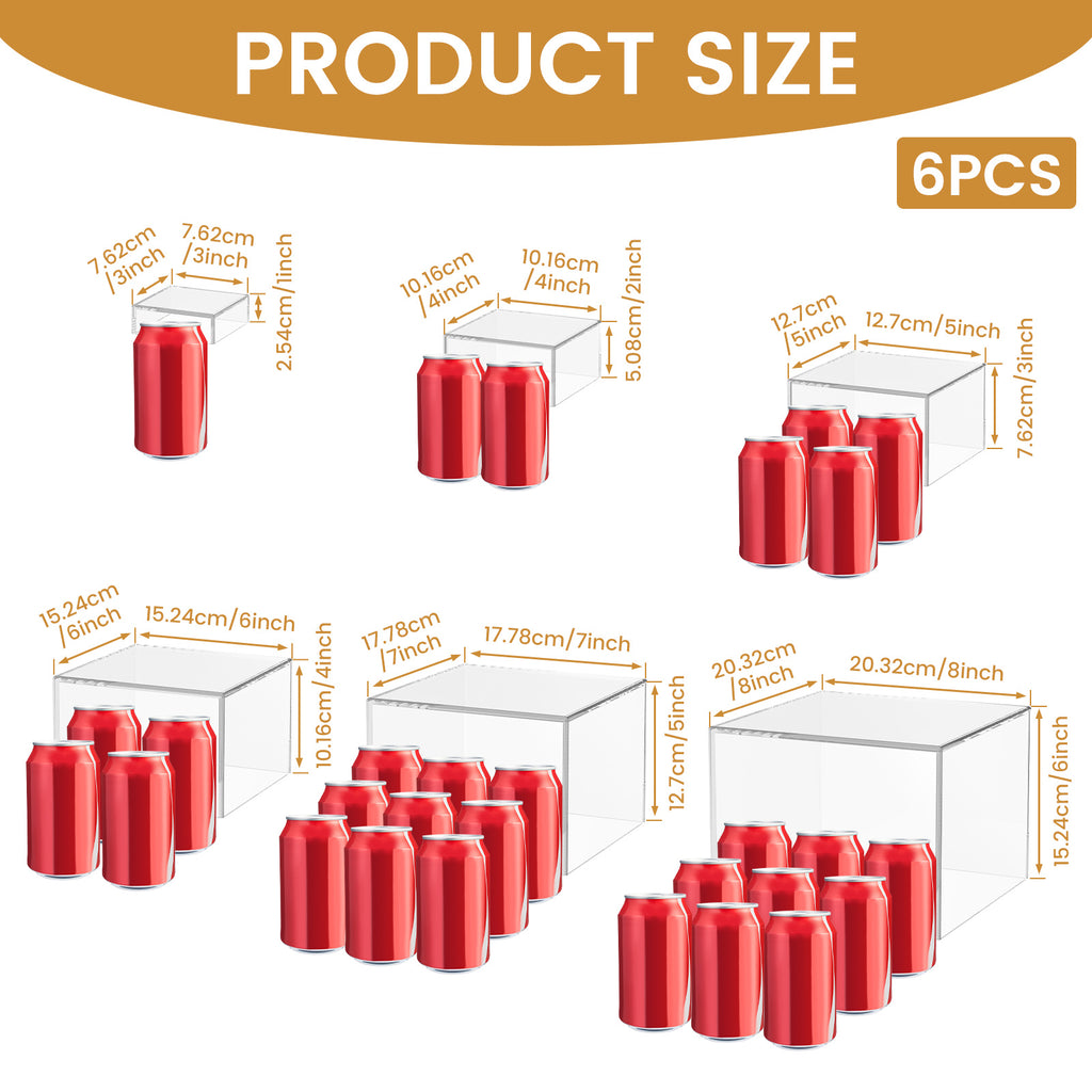 6pcs Buffet Risers, Food Risers for Buffet Table Display Stand Shelf for Party Catering Dessert Collectibles Acrylic Cube Boxes Display with Hollow Bottoms White Set, (3", 4", 5", 6", 7", 8", 9", 10")
