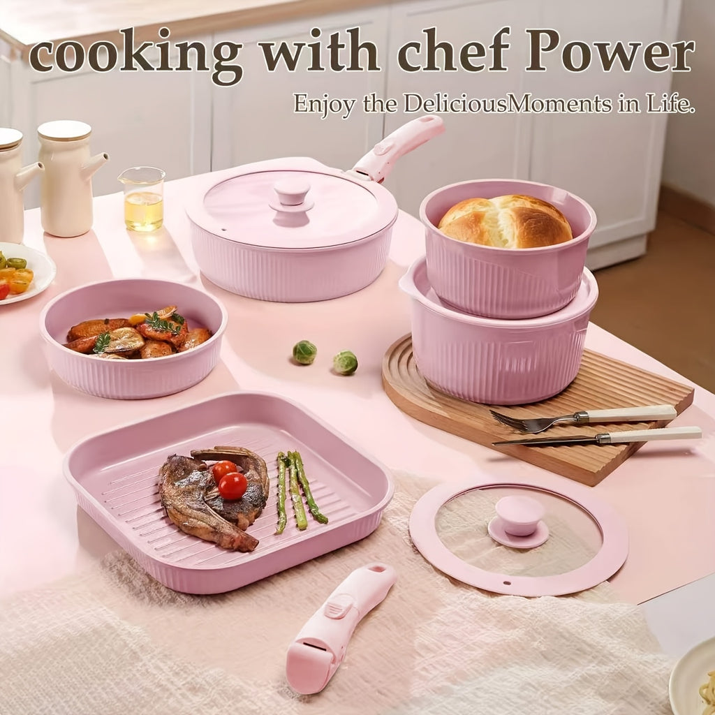 24pcs/7pcs/5pcs Cookware Set Non-Stick Pots & Pans Induction-Ready Kitchen Cookware Set Includes Skillet/Frying Pan/Soup Pot/Steak Pan Removable Handles Home & RV Kitchen Set Stackable Kitchen Accessories Easy To Clean Multiple Colors