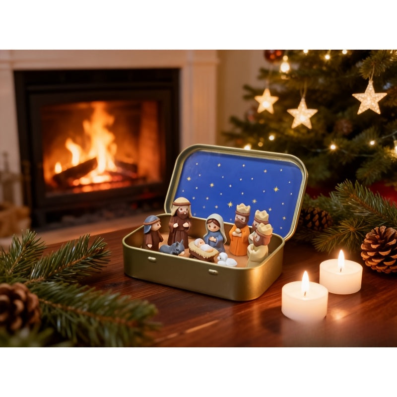Handmade Miniature Christmas Nativity Set In Tin Box - Portable Pocket-Sized Manger Scene with Mary,, Jesus, Shepherds Animals Figures - Hand-Paintedfor/Easter Gift