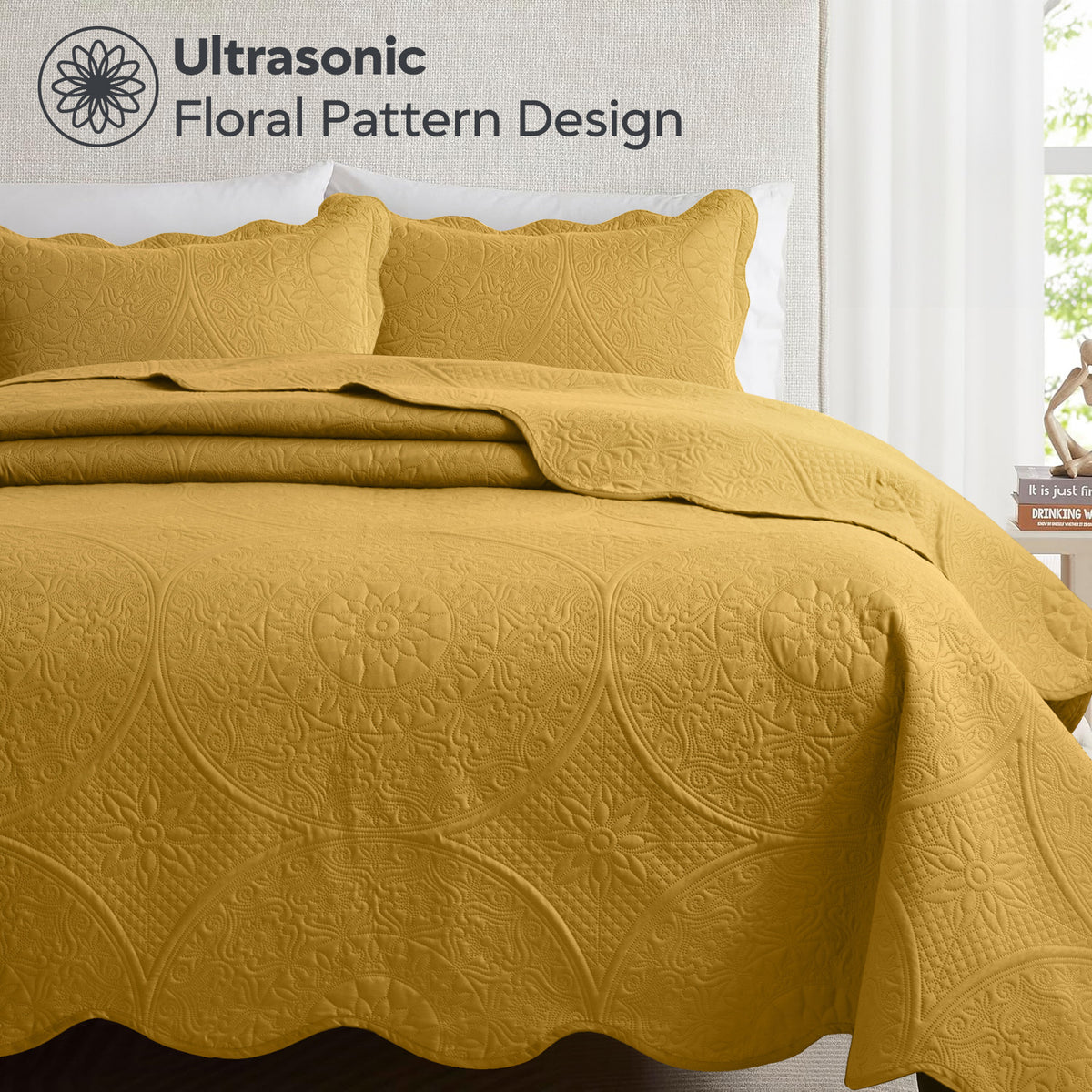 3pcs Luxury Quilted Bedspread Set – Oversize Quilt Coverlet Soft & Cozy Floral Bedspread with Pillow Shams, Breathable Lightweight for Bedroom & Guest Room Decor