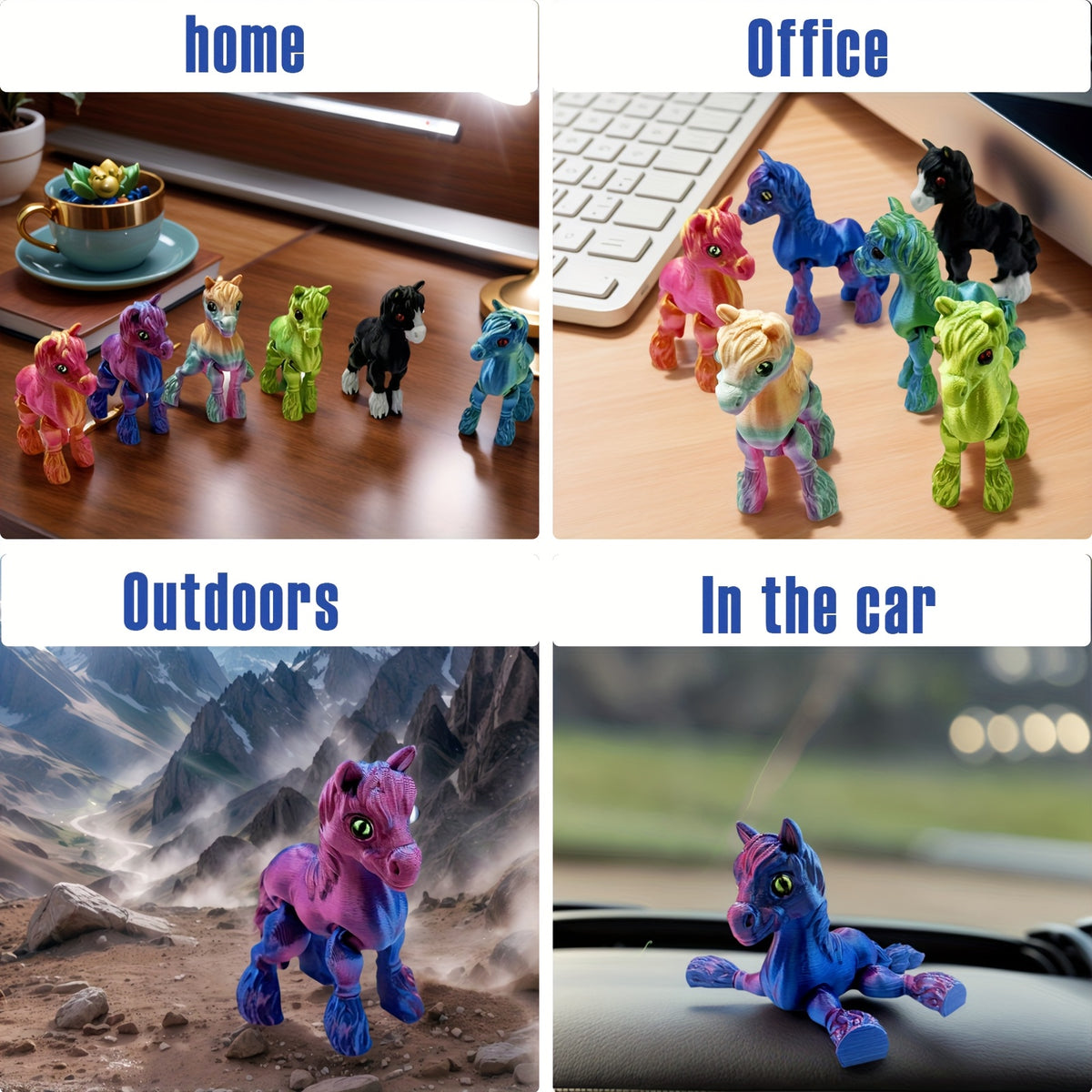 6pcs 3D Printed Horse Colectible Figurines, Flexible Animals Statue, Movable Joints, Home Office Decor