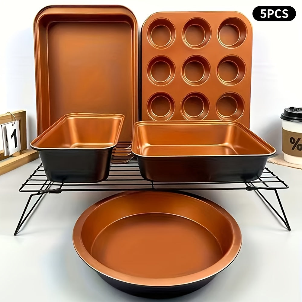 5/6/10pcs Non-Stick Bakeware Set, Baking Pan Set with Rack, Round Cake Pan, Square Cake Pan, Bread Pan, Muffin Pan, and Roasting Pan, Storage Rack, Bakeware Set, Dishwasher Safe, Easy to Clean, Oven Safe