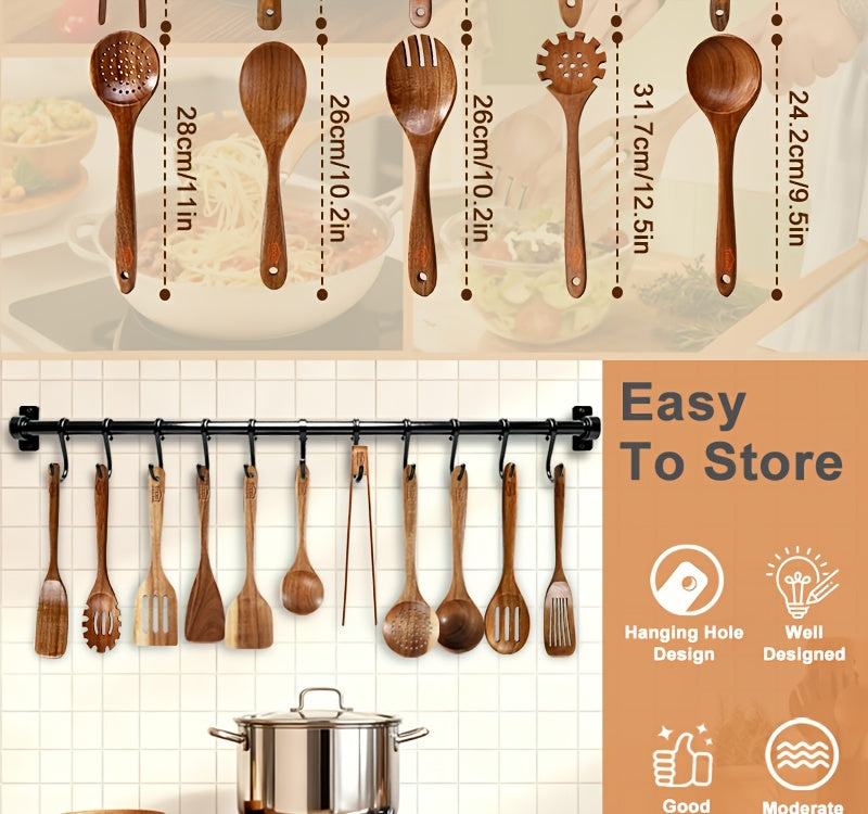 Teak Wooden Cooking Utensils, 10-Piece Kitchen Spoon and Spatula Set for Stirring, Turning and Serving Everyday Meals with Nonstick Cookware