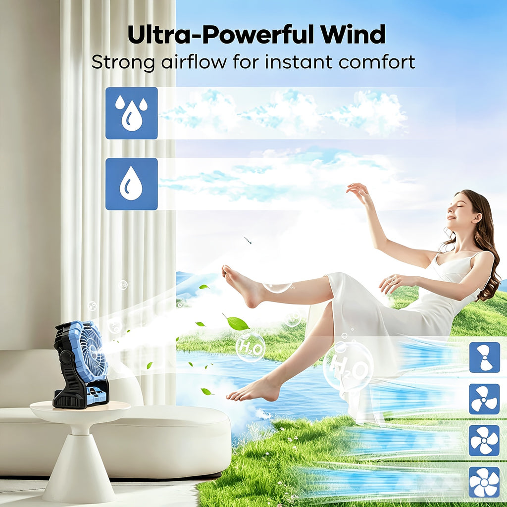 Rechargeable Misting Camping Fan, 20000mAh Portable Outdoor Fan with 4 Speeds, 200ml Water Tank, RGB Lighting and USB Output for Tent and Patio Use