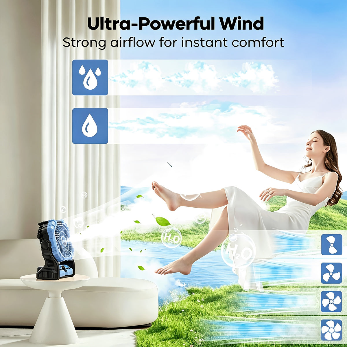 20000mAh Rechargeable Camping Fan, Basic/ Misting/ Solar Panel Options, 4 Speed Settings, RGB Mood Lighting, Tent Hook, Phone Charging, Portable Outdoor Fan For Camping, Sports Events, Power Outages & Construction Sites