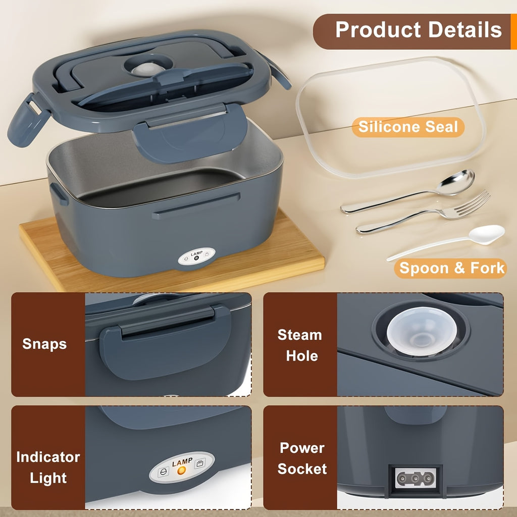 Lunch Box 50.72oz - 120V Home And 12V/24V Car Portable Food Warmer, Stainless Steel Heated Meal Container W/ Fork And Insulated Bag, for Truck Drivers, Office, Travel, Camping, College (Fast Heating)