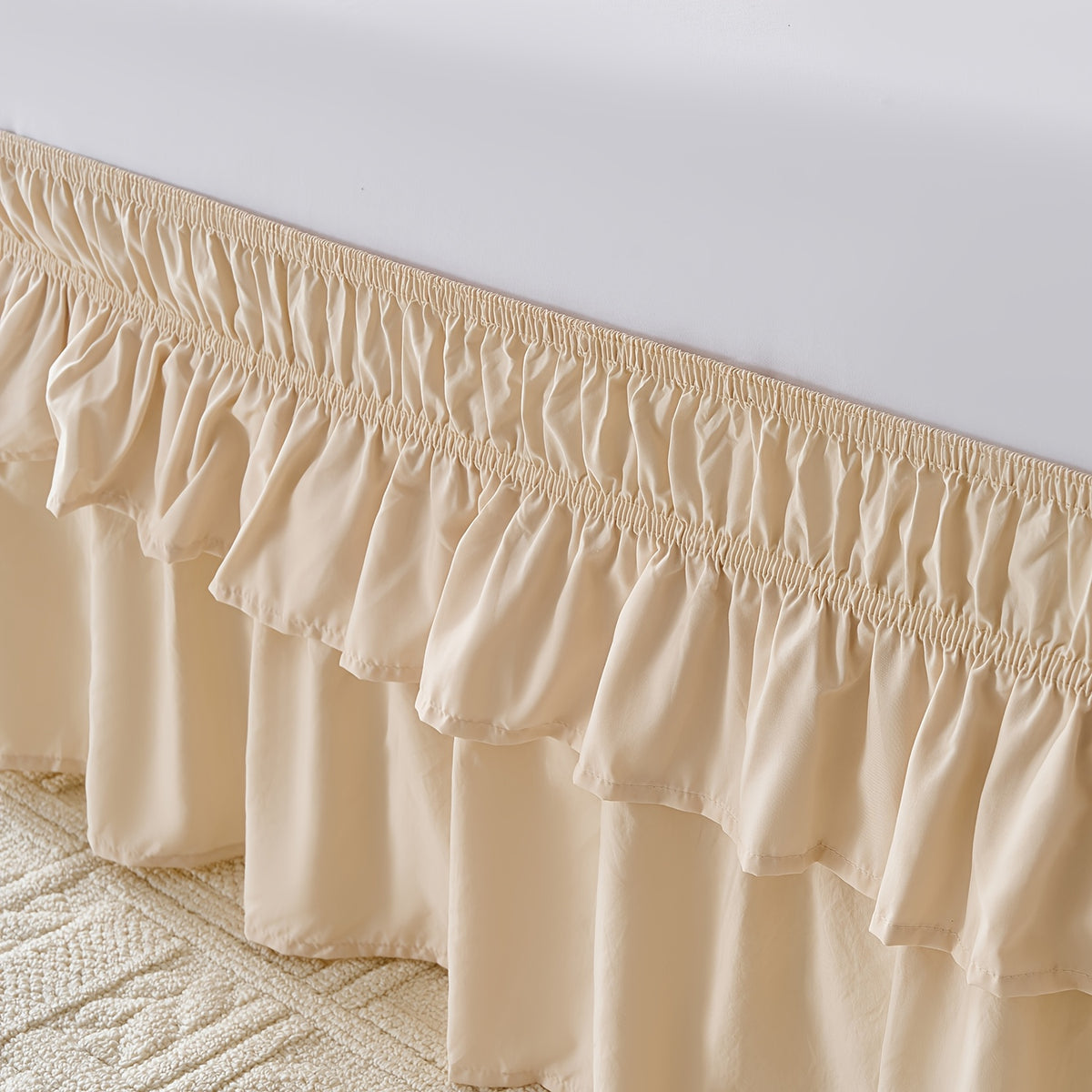 Double Ruffle Bed Skirt 16 Inch Drop, Elastic Wrap Around Bed Skirts For Twin Full Queen King Size Bed, Easy To Install Dust Ruffle, Machine Washable Soft Fabric, Multi Ruffle Bedskirt For Bedroom Bedding Home Decor