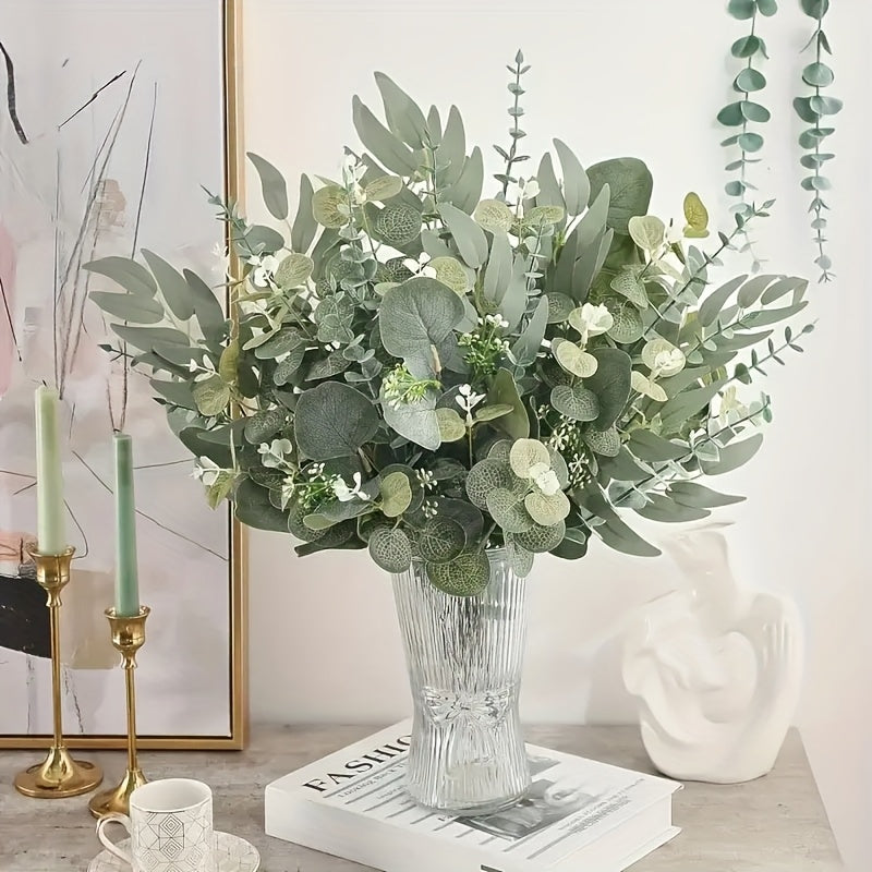 50/56pcs Bulk Artificial Eucalyptus Flowers & Stems with 4 Leaf Varieties - Realistic DIY Wedding, Valentine's, St. Patrick's Day, Spring Decorations - Lifelike Green Foliage Bouquets with White Flowers, Durable Plastic Blooms for Home, Office