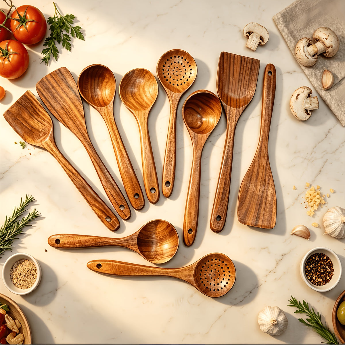 10pcs Non Stick Cookware Set, Wooden Kitchen Utensils, Heat-resistant, Including Shovel And Perforated Wooden Spoon. It Is A Stylish And Durable Wooden Multifunctional Set Suitable For Kitchen, Cooking, Baking, As Well As Casual And Formal.900g