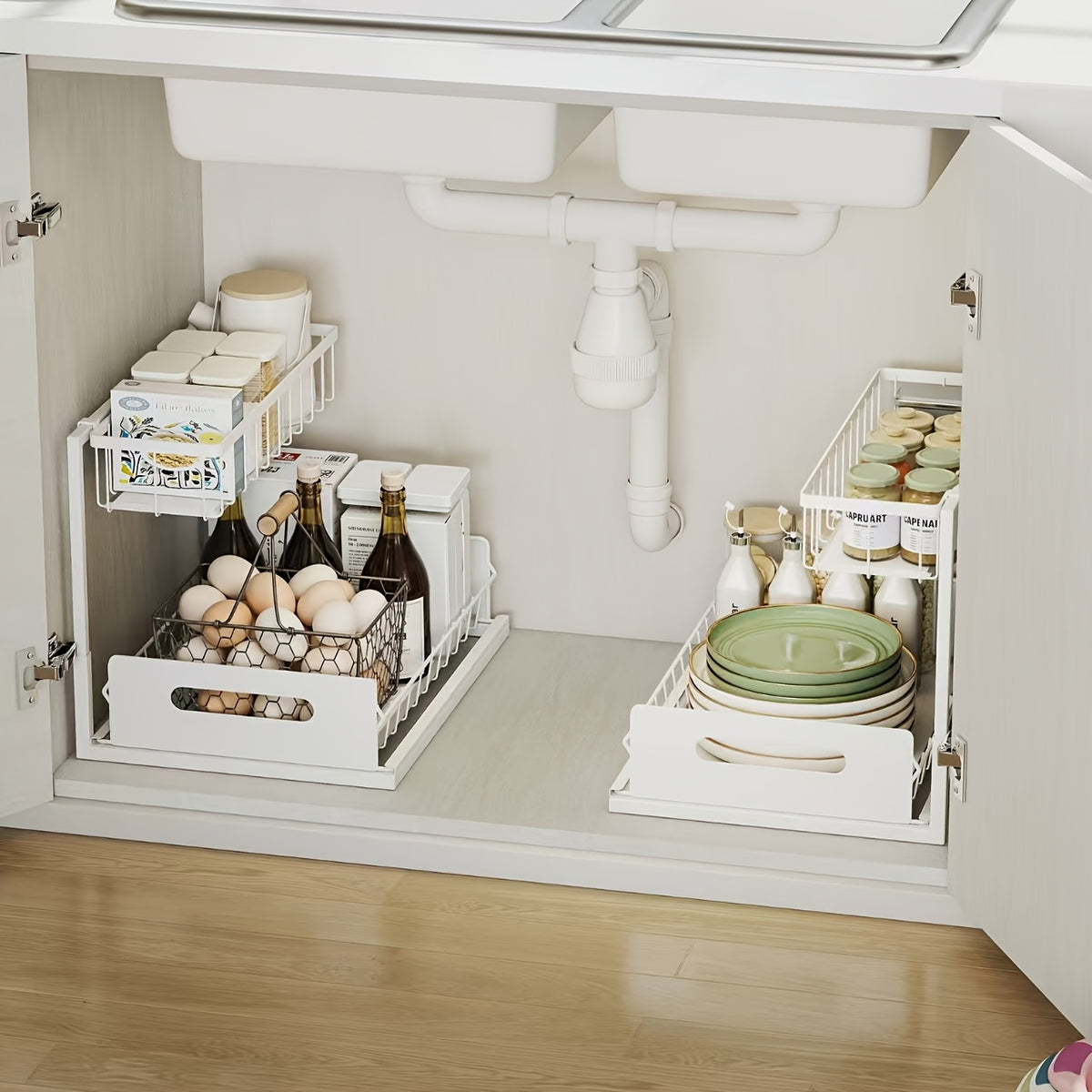 1pc Kitchen Storage Rack for Sink Organization And Storage, Sink Organizer, Sliding Pull-Out Cabinet Organizer, Metal Sliding Drawer, for Kitchen, Bathroom, Refrigerator, And Cabinet Organization, Easy And Practical Essential Kitchen Storage Item