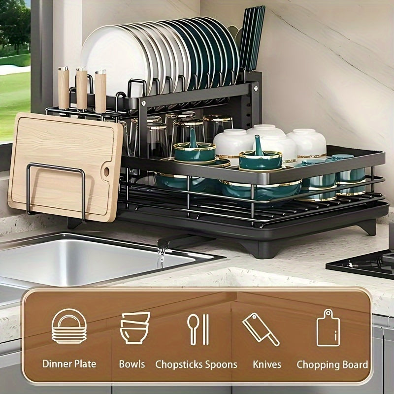 Dish Drying Rack, 2-Tier Dish Racks for Kitchen Counter, Dish Rack with Drainboard & Mat, Dish Drainer with Knife, Fork & Cup Rack, Gifts for Women, Mothers Day, Cool Stuff & Kitchen Gadgets
