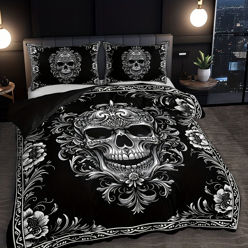 3pcs Black And White Skull Design Victoria Baroque Gothic Duvet Cover Set (1 Duvet Cover + 2 Pillowcases Without Pillow Insert), Halloween Collection, High Definition Numeric Print for Queen And King Size in Home Dormitory