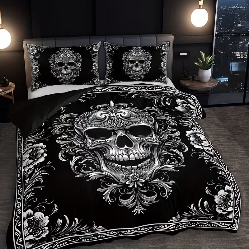 Gothic Skull Duvet Cover Set, 3-Piece Polyester Bedding with Baroque Digital Print and Two Pillowcases for Twin Twin XL Full Queen and King Beds