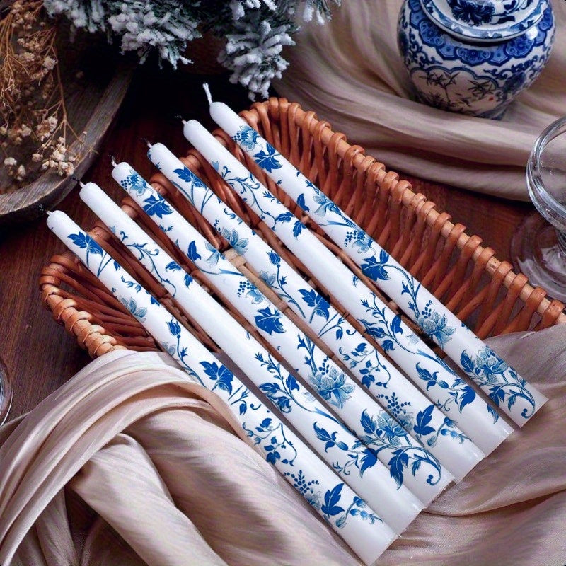 6pcs 10" Blue & White Porcelain Long Taper Candles - Dripless Unscented Soy Wax Candlesticks with Elegant Chinoiserie Design, 8-12 Hour Burn Time for Christmas, Weddings, Halloween, Parties & Home Decor - Luxury Centerpiece Candles for Holiday Dinner Tabl