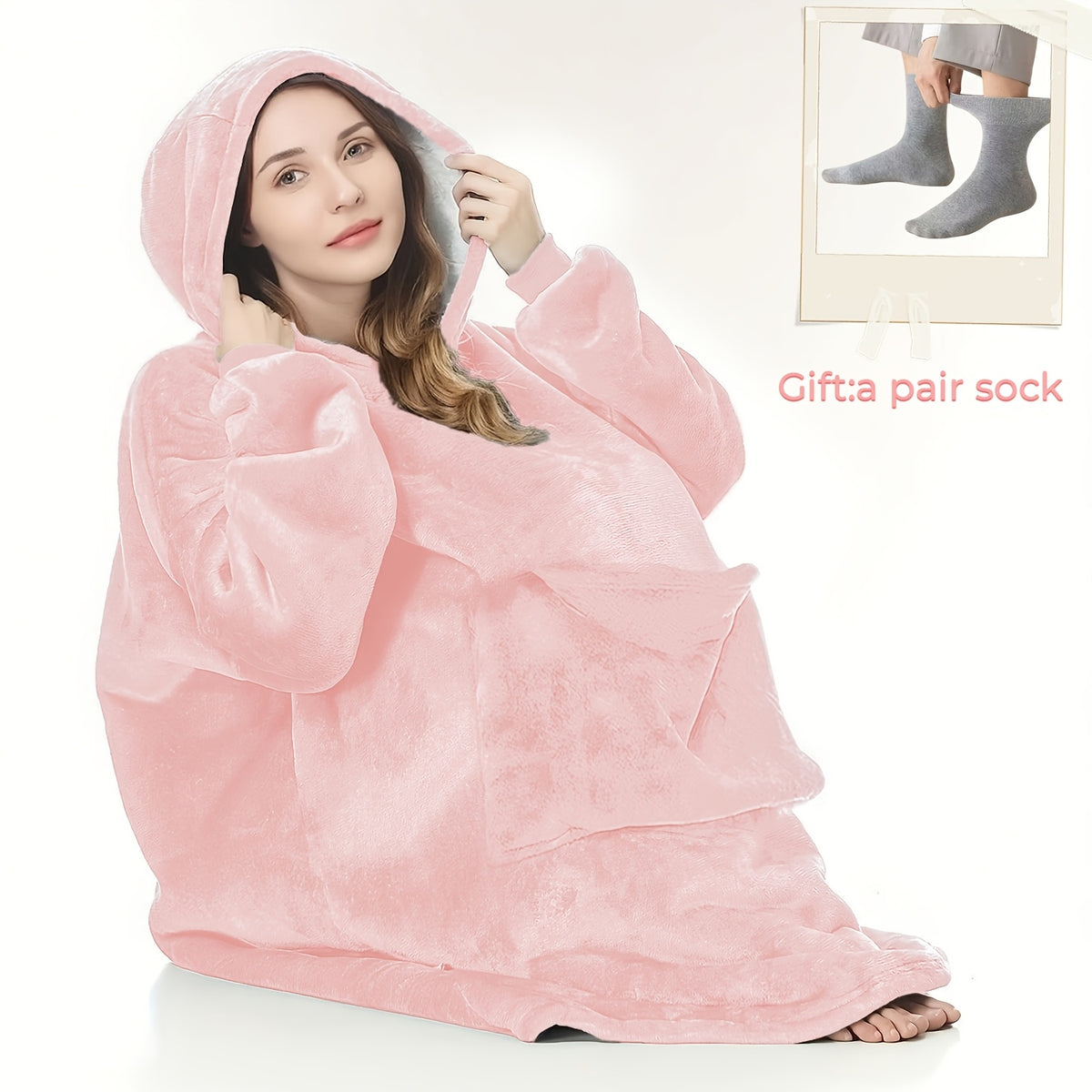 Hooded Wearable Blanket for Adults, Soft Reversible Oversized Lounge Wrap with Kangaroo Pocket, Pink, Gray and Pumpkin Styles for Cozy Nights