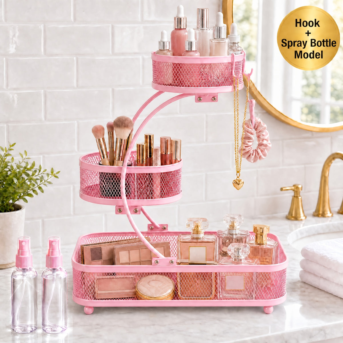 3-tier Metal Bathroom Storage Rack, Includes A Spray Bottle | Hooks - Space-saving Countertop Organizer For Cosmetics, Skincare, And Toiletries | Rust-resistant Diamond Mesh Design | Sturdy And Durable, Suitable For Vanities, Bathrooms, Wardrobes