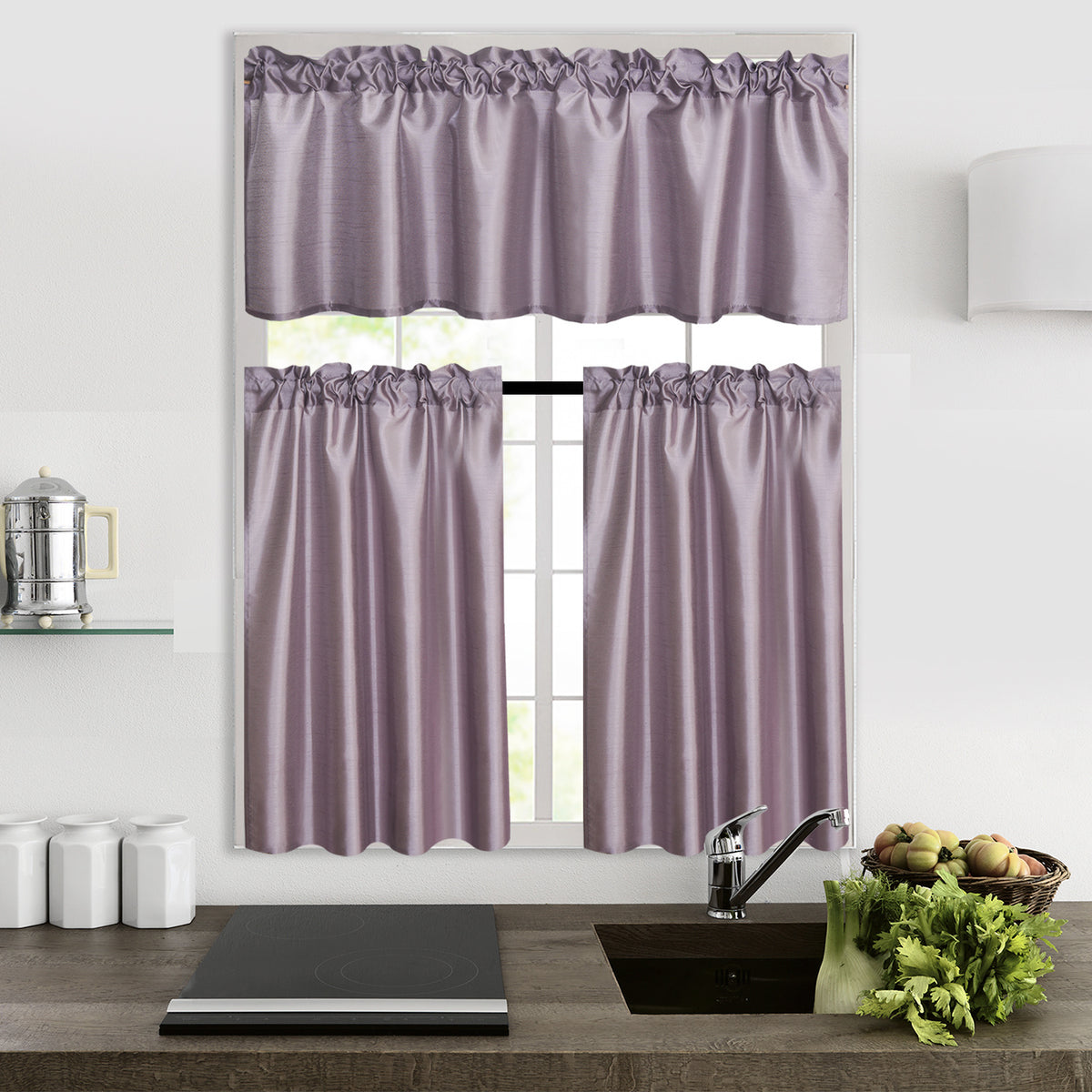 3 Panels Faux Silk Solid Color Sheer Kitchen Curtains Set Rod Pocket Design with 2 Tiers 26x36 inch Each and 1 Valance 52x14 inch for Kitchen Bathroom Privacy Drapes and curtains