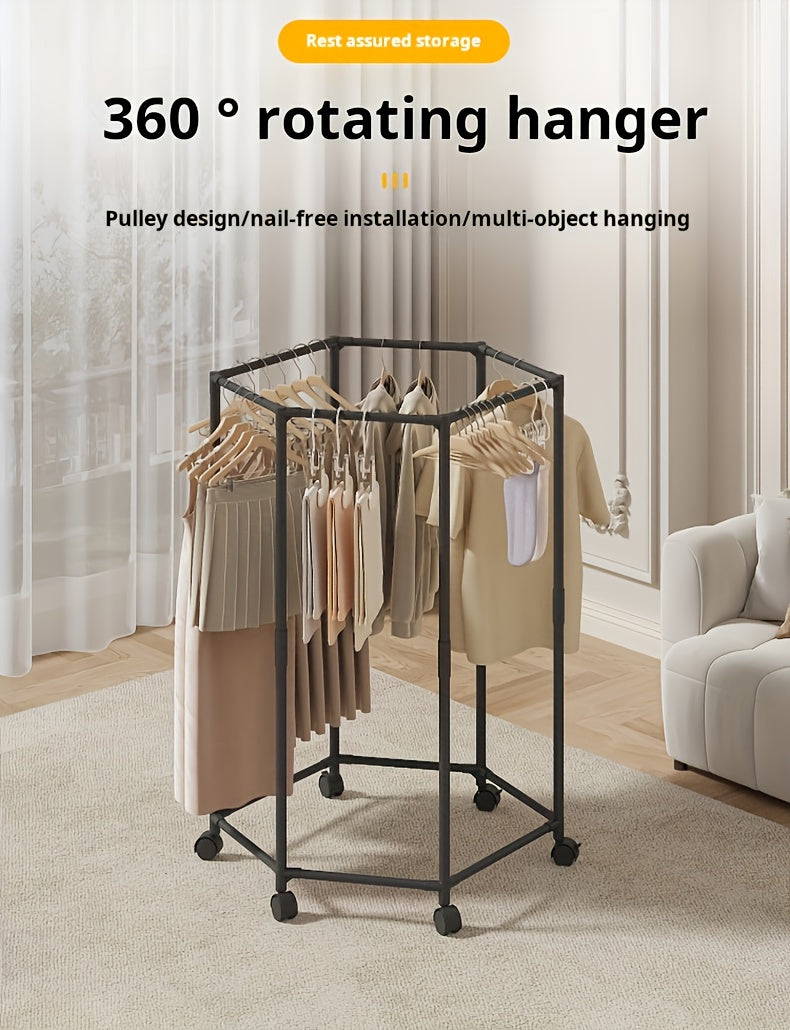 Hexagonal Rotary Clothes Rack, Self-Standing Vertical Clothing Hanging Rack, Suitable for Laundry And Household Storage Space Saving (Black/White), Easy Storage Device, Durable Structure, High-Quality Materials, Small Apartment Living, Convenient