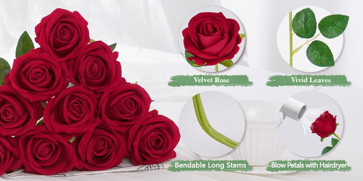 50/100pcs Red Roses Artificial Flowers, Real Touch Velvet Roses Bouquet Fake Flowers Bulk, Artificial Roses with Long Stems for Valentines Day Gift DIY Bridal Wedding Centerpiece Decorations, Mothers Day Decor, Home Decor, Room Decor, Rosas Eternas