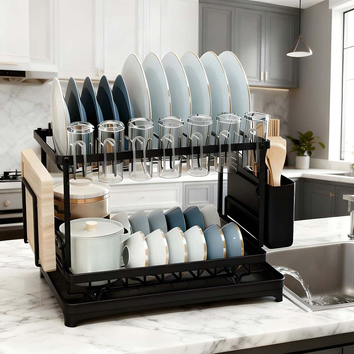 Two-Level Dish Drying Rack For Kitchen Surfaces, Kitchen Organizers And Storage, Dish Drainer With A Drainboard, Kitchen Accessories, Metal Kitchen Dish Holder With Drainage, Two-Tier Kitchen Drying Rack, Black Dish Holders