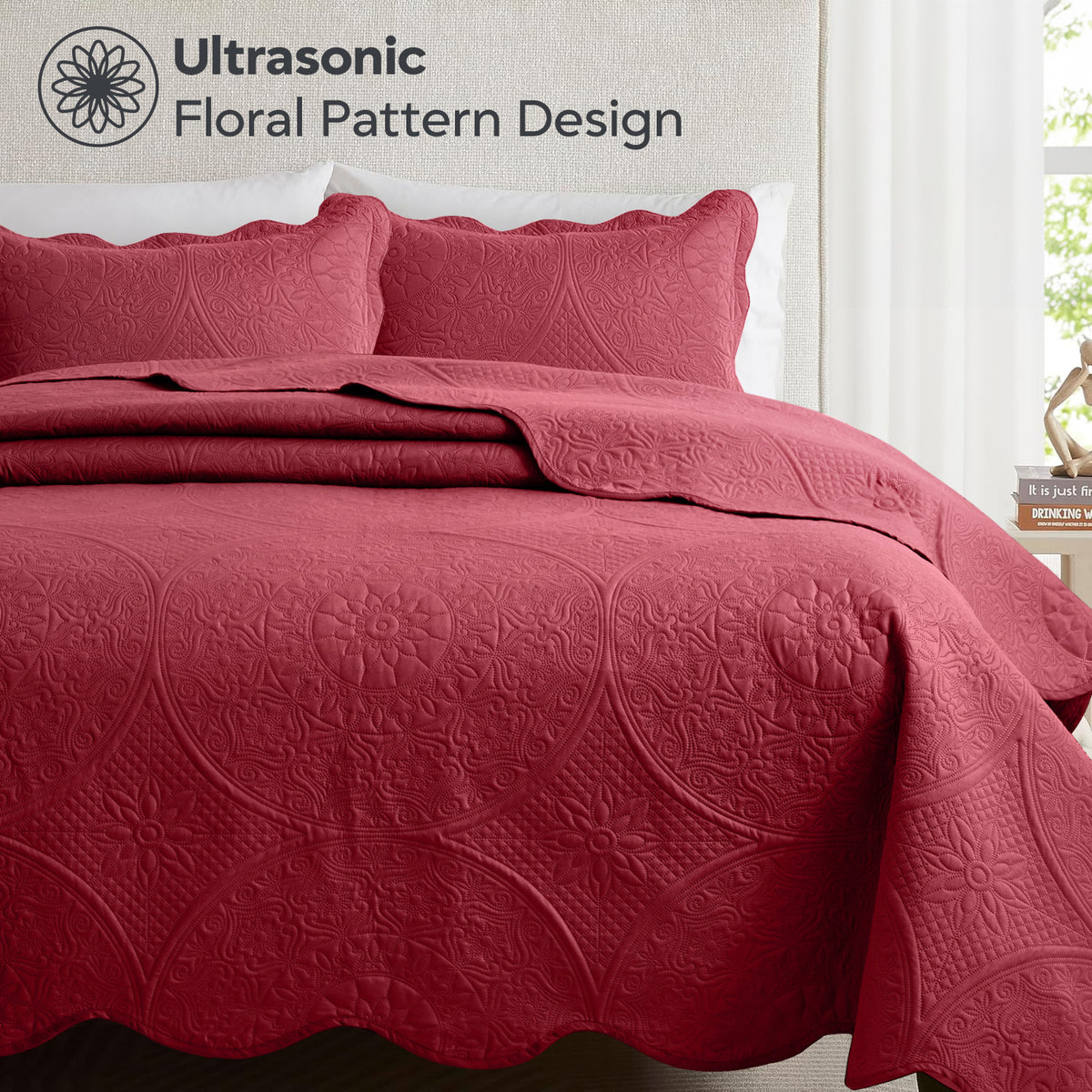 3pcs Luxury Quilted Bedspread Set – Oversize Quilt Coverlet Soft & Cozy Floral Bedspread with Pillow Shams, Breathable Lightweight for Bedroom & Guest Room Decor
