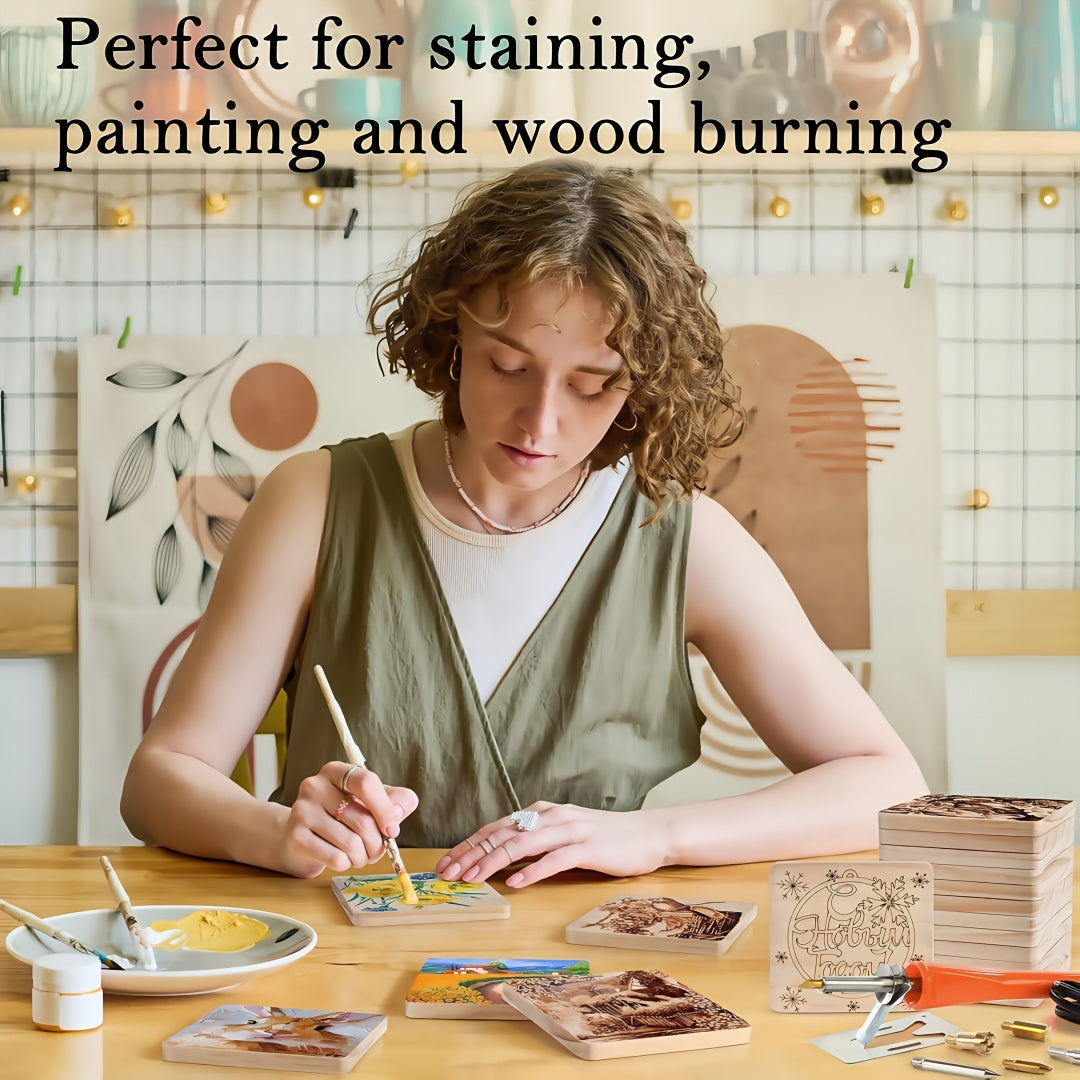 24/48/96pieces Unfinished Wood Coaster Blanks(4 Inch Square & Round) With Non-Slip Foam Stickers - Craft Supplies For Painting, Engraving, Burning & Decor - Ideal Handmade Gifts & Home Decor For Christmas Halloween Easter, Mother'S Day Craft Gift