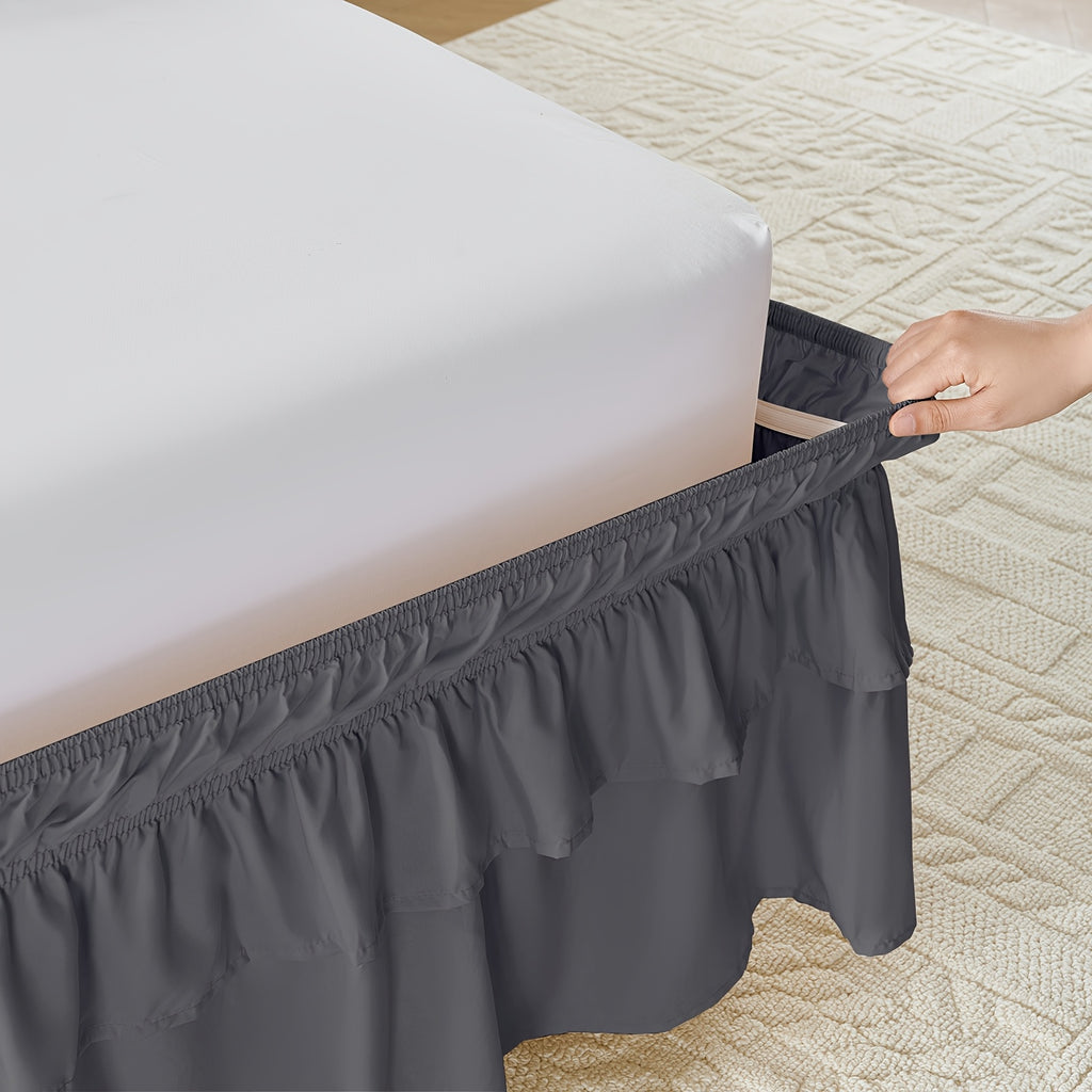 Double Ruffle Bed Skirt 16 Inch Drop, Elastic Wrap Around Bed Skirts For Twin Full Queen King Size Bed, Easy To Install Dust Ruffle, Machine Washable Soft Fabric, Multi Ruffle Bedskirt For Bedroom Bedding Home Decor