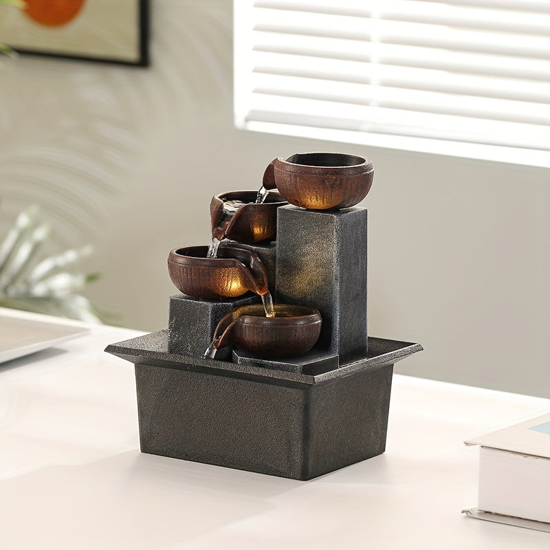 1pc USB Powered Four-Story Desktop Fountain Waterfall with Warm LED Lights, Adjustable Three-Level Pump, Plastic Indoor Decor for Home And Office, Architecture Theme