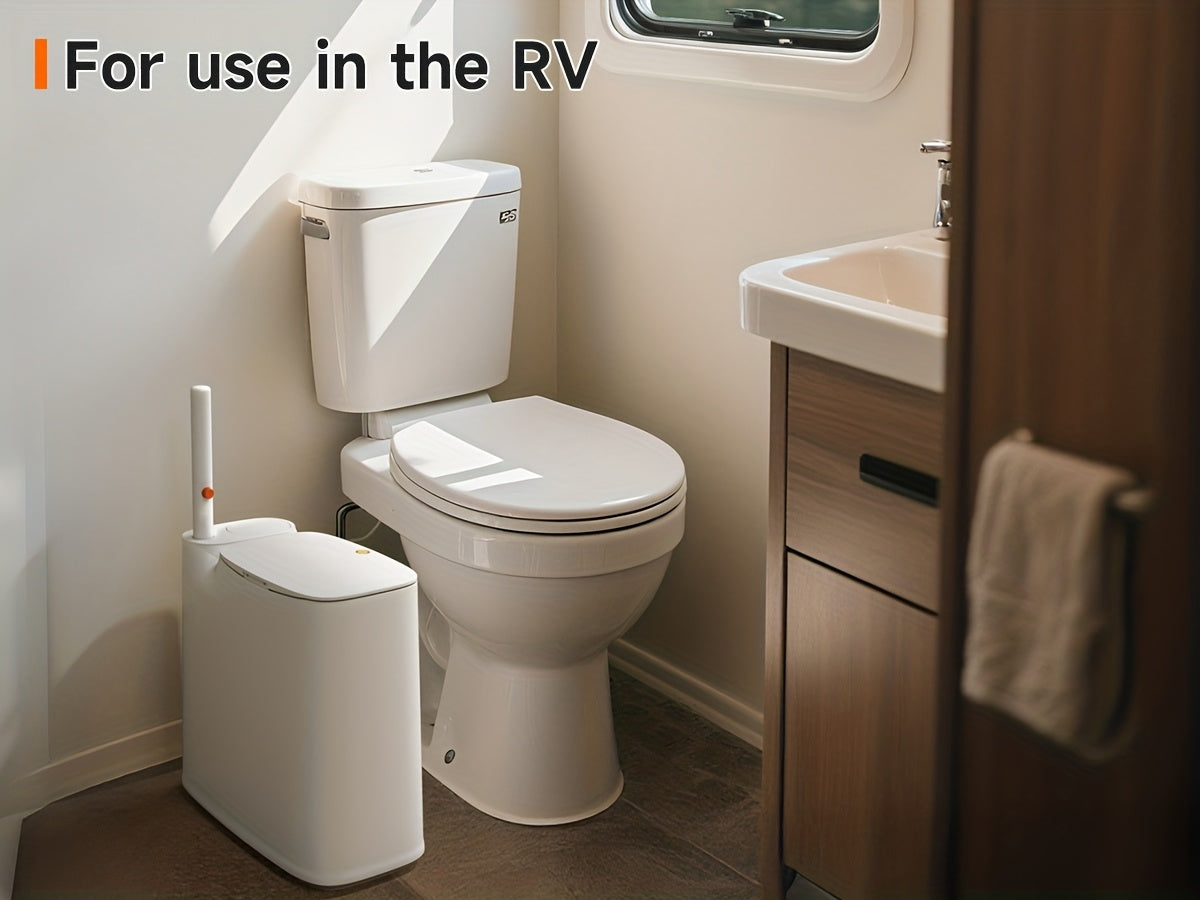 2-In-1 Trash Can with Toilet Brush And Brush Head | White Rectangular Modern Bathroom Narrow Seam Trash Can with Push-On Lid, Disposable Toilet Brush, Ivory, Bathroom Decor And Additions, Floor Mount, Plastic, JOYBOS
