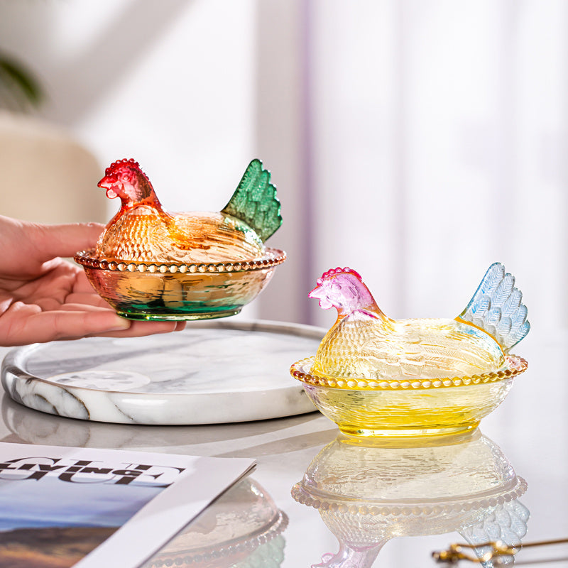 Glass Hen Candy Dish with Lid, Chicken Shaped Storage Jar in Orange, Colorful, Amber or Clear Options for Wrapped Treats, Jewelry and Table Decor