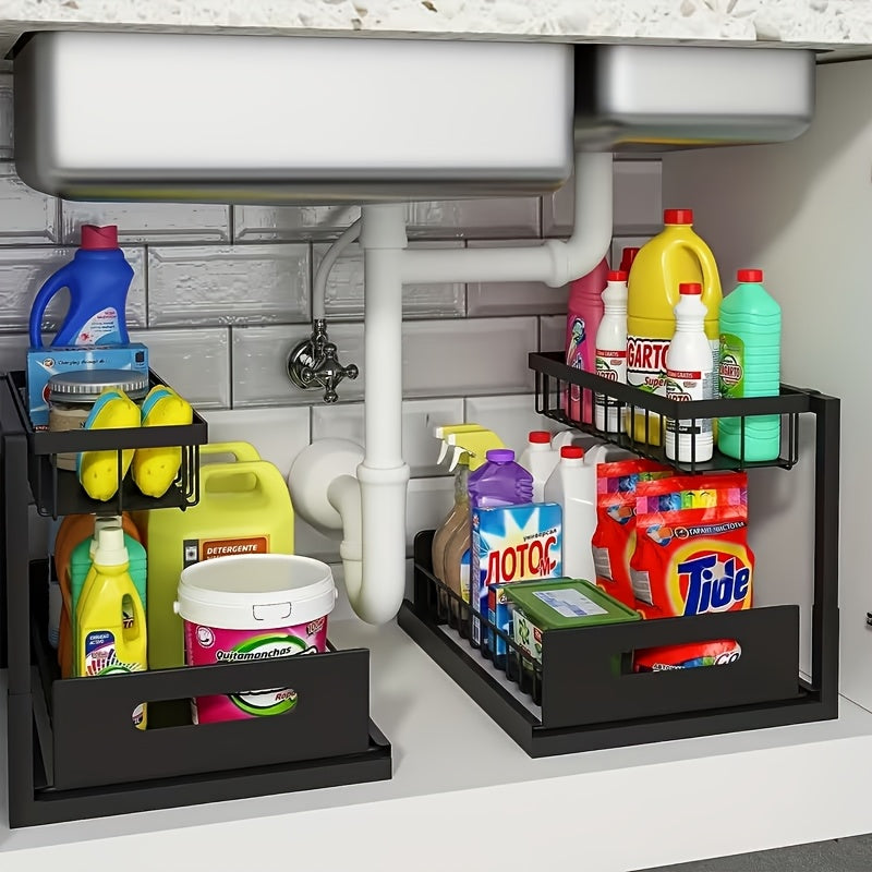 1/2pcs Kitchen Organizers And Storage, Kitchen Accessories, Utility Racks, Under Sink Organizer, Pull Out Cabinet Organizer, 2 Tier Slide Out Sink Shelf, Cabinet Storage Shelves, Under Sink Storage for Kitchen Bathroom Cabinet